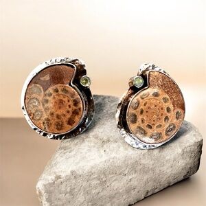 Polished snail fossil in sterling silver with a small peridot stone spring clip